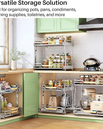 Pull out Cabinet Organizer, 2 Tiers 15"W X 21"D, Heavy Duty Smooth Sliding Under Cabinet Shelves for Pots and Pans, Full-Extension Roll out Drawers, Slide out Organization for Home Kitchen Pantry
