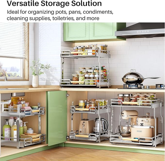 Pull out Cabinet Organizer, 2 Tiers 15"W X 21"D, Heavy Duty Smooth Sliding Under Cabinet Shelves for Pots and Pans, Full-Extension Roll out Drawers, Slide out Organization for Home Kitchen Pantry