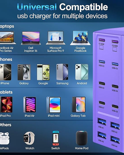 500W USB C Charger Block, 12-Port USB C Charging Station for Multiple Devices, Leather Texture Dual PD 65W Laptop Fast Charger Compatible with MacBook Pro/Air, iPad, iPhone,Galaxy and More,Purple
