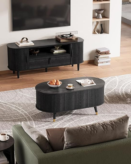 JOINICE 42.5" Oval Lift Top Coffee Table with Storage, Mid Century Modern Black Center Table with Fluted Panel, Solid Wood Legs & Hidden Compartment for Living Room