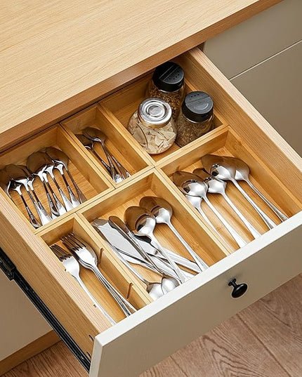 Fabsome Drawer Organizer, Set of 9 Bamboo Wood Kitchen Makeup Desk Junk Tea Drawer Storage Boxes Bins for Cutlery Silverware Utensils Flatware, Small Wooden Container Tray for Bathroom, Office