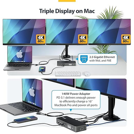 StarTech.com Triple Monitor USB-C Docking Station, 4K 60Hz DisplayLink Dock for MacBook M1 M2 M3 M4 & Windows, 2.5GbE, 2X HDMI & 2X DP, 140W Laptop Charging, USB-C DP Alt Mode - TAA