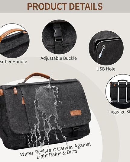 ESTARER Men's Messenger Bag 17.3 Inch Upgraded, Water-resistant Canvas Laptop Bag, Computer Shoulder Bag for College Travel Work, Dark Grey