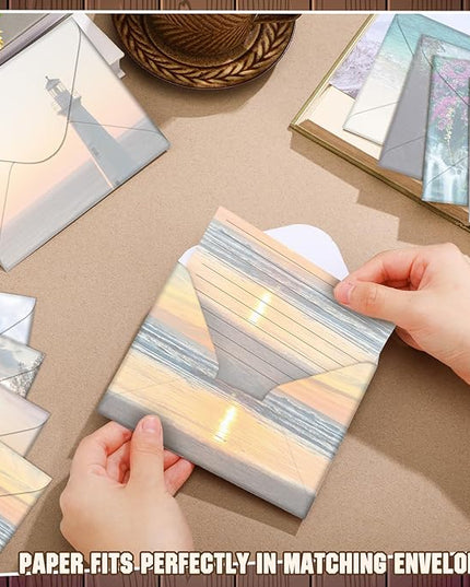 TaoBary 160 Pcs Stationery Paper Set 50 Double Sided Stationery Papers with 50 Matching Envelopes and 60 Round Dot Sticker, 10 Design(Scenic Nature,5.5 x 8.25 Inch)