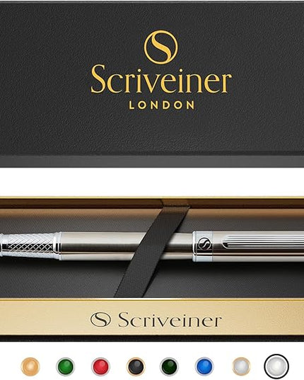 Scriveiner Stainless Steel Fountain Pen - Stunning Luxury Pen with Steel Finish, Schmidt Steel Nib (Medium), Pen Gift Set for Men & Women, Professional, Executive Office, Nice Designer Pens