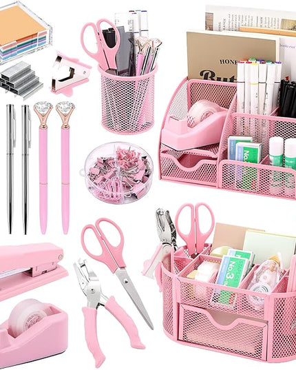 17 in 1 Pink Desk Organizers and Accessories Set, 3 Office Desk Supplies Storage Organization, 4 Pens, Stapler, Staples & Remover, Tape & Dispenser, Scissors, Ruler, Clips, Hole Punch, Back to School