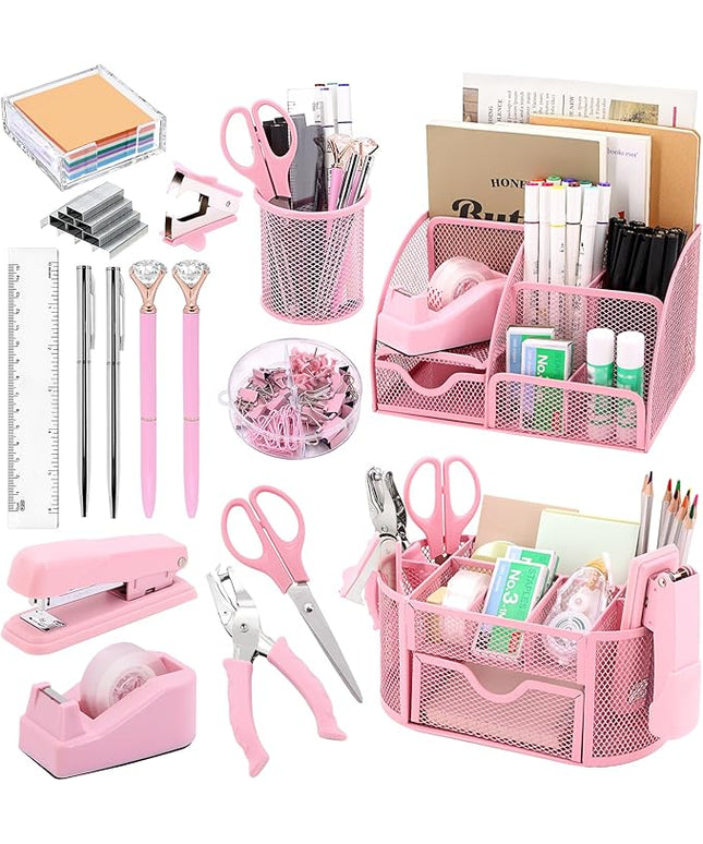 17 in 1 Pink Desk Organizers and Accessories Set, 3 Office Desk Supplies Storage Organization, 4 Pens, Stapler, Staples & Remover, Tape & Dispenser, Scissors, Ruler, Clips, Hole Punch, Back to School