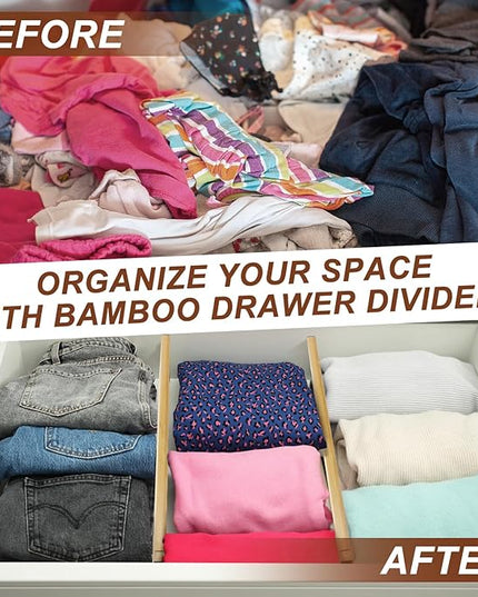 4 Pcs 6 Inch High Drawer Dividers 15"-22" Adjustable Bamboo Drawer Dividers Deep Expandable Dresser Organizer with Spring Loaded for Clothes Bedroom Bathroom Kitchen Fridge Office