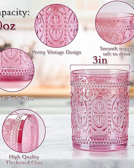 Pink Glassware set of 4, Vintage Drinking Glasses, 10oz Pink Heavy Duty Glass Cups, Old Fashioned Glass, Embossed Glasses Set for Party Wedding Home Office Glassesware Gift