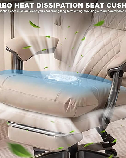 Henry Massage Office Chair with Heating Ventilation for Heavy Duty,Leather Recliner Executive Desk Chair (Beige)