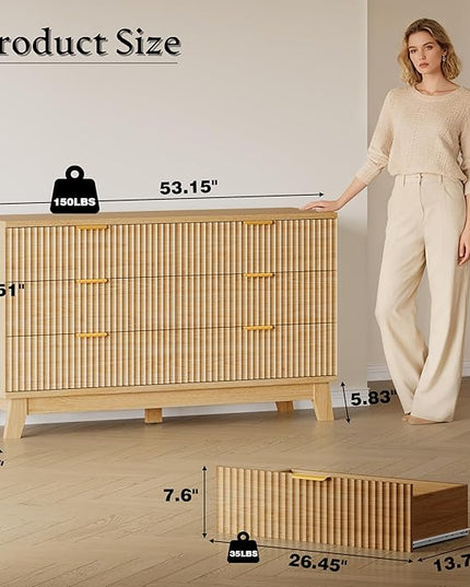 BORNOON 53" Long Dresser for Bedroom, 6-Drawer Dresser with Fluted Fronts, Wide Wood Chest of Drawers, Smooth Metal Slides, Stable Base, Modern Clothes Storage Cabinet for Living Room, Hallway