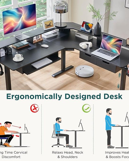 RedLemon 60 Inches L Shaped Electric Standing Desk, Height Adjustable Corner Gaming Desk with Drawers, Power Outlets & LED Lights, Computer Desk with Monitor Shelf, Carbon Fiber Black