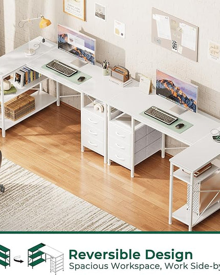 Huuger L Shaped Office Desk with Power Outlets, 47 Inch Computer Desk with 3 Drawers, Shelves, for Gaming, Corner Work, Home Office, Study, White