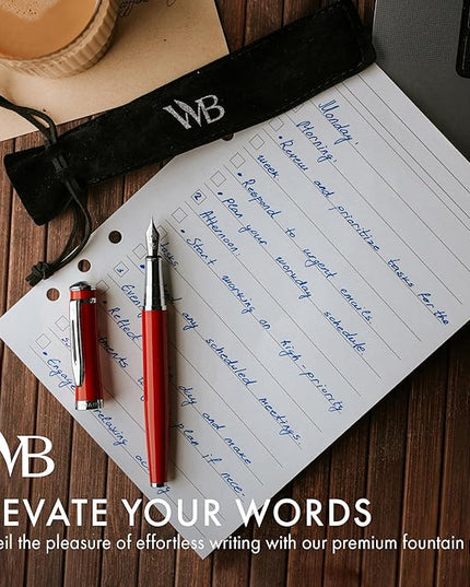 Wordsworth & Black Fountain Pen Set, Medium Nib, Includes 24 Pack Ink Cartridges, Ink Refill Converter & Gift Pouch, Chrome Finish, Calligraphy, [Crimson Red], Perfect for Men & Women