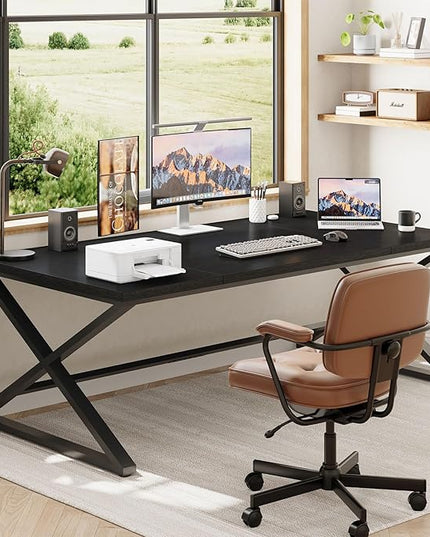 IBF Large Black Computer Desk, 70.8” Long Writing Desk for Home Office, Modern Simple Executive Work Study Desk for Two Person, Wood Double PC Gaming Workstation Computer Table for Bedroom, Black Oak