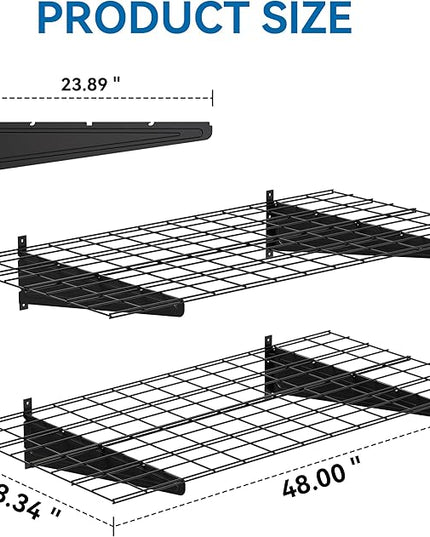 2-Pack 2x4ft Garage Wall Shelving, 24"x48" Shelf Storage Rack Floating Shelves Wall Mounted, Heavy Duty Storage Shelves, 800lbs Load Capacity, with 8 Hooks for Garage Organization, Black