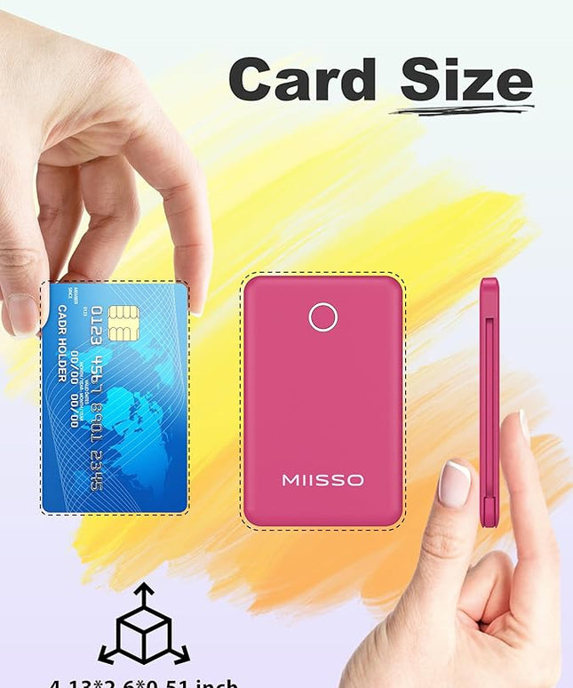 miisso 6000mah Ultra Slim Built in Cables Power Bank, Card Size Built in USB C Cords Battery Pack Portable Charger for Phones, 3 Output External Battery Pack Compatible with iPhone, Plum Red