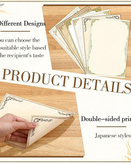 Supervitae 120 Vintage Stationery Paper, 8. 27 x 5. 51 Inch Double Sided Printing Antique Gold Border Elegant Retro Decorative Letter Sheets for Love Letter Party Invitations, 6 Designs