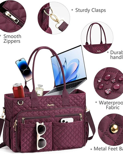 Teacher Bags for Women, 15.6 inch Laptop Work Tote Nurse Bible Bag Quilted Shoulder Handbag for Work, Daily, School, Travel