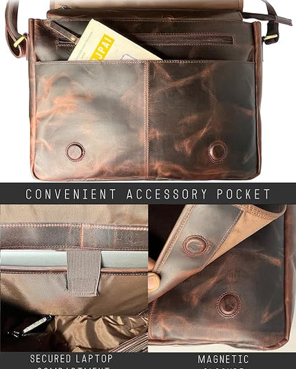 Leather Messenger Bag for Men 14" Leather Laptop Bag Vintage Crossbody Office Satchel Travel Shoulder Bag