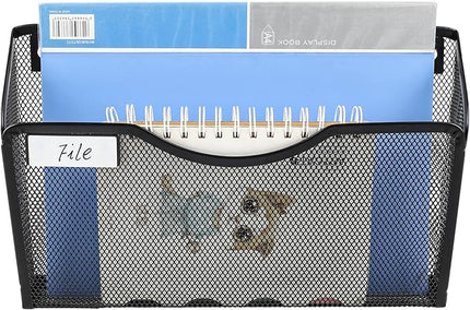 EasyPAG 6 Pack Wall File Organizer with Label Panel, Mesh Hanging File Folder Organizer for Letter/A4 Size Folders, Wall Mounted Vertical Mail Holder for Paperwork, Office, Home, School, Black