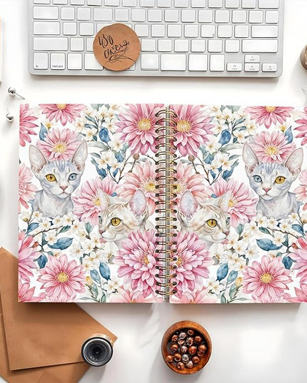 Sphynx Cat Notebook Journal, Cat Lover Gifts for Women Men, funny Black Cat Gifts for Girls, Pink Floral Cat Peel Spiral Notebook, Cat Notepad 5.5x8.3 Inch