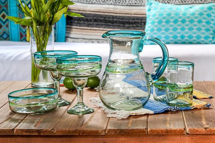 MyCajita Mexican Glassware, Aqua Rims 16oz Margarita Glasses, Set of 4 Unique Hand Blown Glass, Handcrafted by Talented Artisans Thick & Sturdy Easy to hold