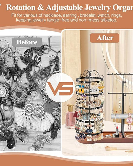 KALYLOC Jewelry Earring Holder Organizer, Adjustable 5 Tiers Rotating Earring Holder 3 Tier Necklace Holder with Wooden Base, Multi-Functional Jewelry Organizer Display Stand for Studs Bracelet Women
