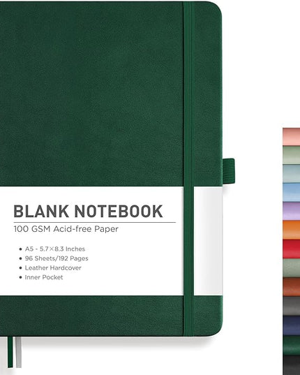 RETTACY Blank Journal Notebook, 192 Pages, A5 Medium Size (5.7'' x 8.3''), Leather Hardcover, 100 GSM Thick Paper, for Sketching, Drawing, Painting (Dark Green)