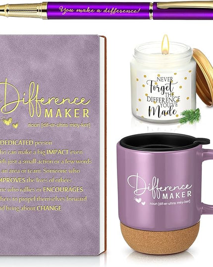 4 Pcs Difference Maker Gift for Women Men Teacher Employee Appreciation Gift for Coworker Staff Coach Difference Maker Mug Notebook Scented Candle Motivational Ballpoint Pen for Valentines(Purple)