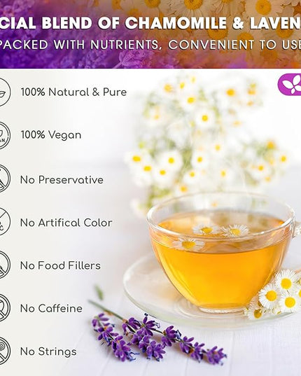 FreshDrinkUS, Premium 60 Chamomile Lavender Tea Bags, Calming Herbal Blend Strong Support for Relaxation & Better Sleep | Naturally Caffeine-Free Bedtime Tea with Soothing Floral Aroma, 100% Natural, Hand-made No Sugar/ Caffeine/ Gluten, Vegan