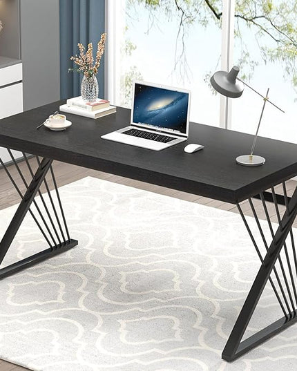FOLUBAN Black Desk, Modern Wood and Metal Computer Desk for Home Office, Simple Writing Work PC Desks for Bedroom, Industrial Study Gaming Table for Living Room, Black, 53 Inch
