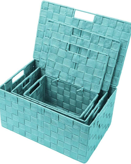 Sorbus Set of 3 Hand-Woven Storage Baskets with Lids – Decorative Wicker Organizers for Home, Closet, or Shelves (Aqua)