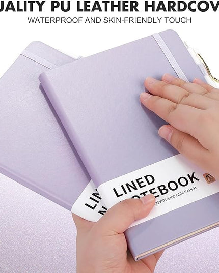 Aodaer 30 Set Lined Notebook Journals with Pens A5 Notebooks 100 GSM College Ruled Hardcover Notebook PU Leather Notepad with Pen Holder for Office School, 5.7 x 8.3 Inches, Lavender