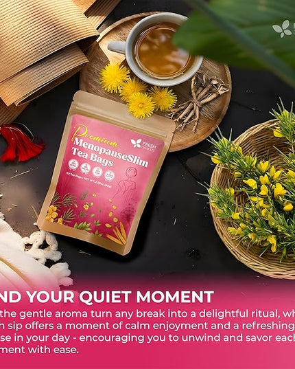FreshDrinkUS, MenopauseSlim 40 Tea Bags – Herbal Blend with Rooibos, Dandelion Root, Matcha, Licorice, Cardamom & Black Cohosh – Smooth, Earthy Flavor – Premium Quality, Naturally Caffeine-Free Tea
