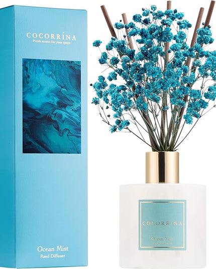 COCORRÍNA Reed Diffuser - Ocean Mist 6.7 Fl.oz Reed Diffuser Set with Sticks & Preserved Baby's Breath, Reed Diffuser for Home Bathroom Shelf Decor