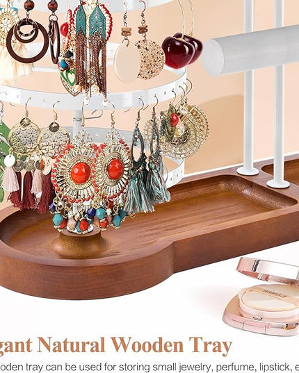 KALYLOC Jewelry Earring Holder Organizer, Adjustable 5 Tiers Rotating Earring Holder 3 Tier Necklace Holder with Wooden Base, Multi-Functional Jewelry Organizer Display Stand for Studs Bracelet Women