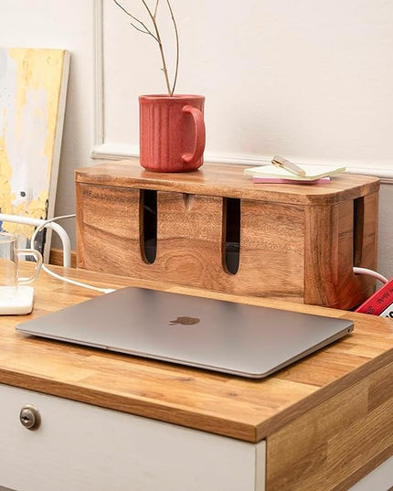 Cable Management Box & Cord Organizer- Cable Organizer for Desk, Home, Office. Hides Wires, Surge Protectors, Power Strips. Eco Friendly Mango Wood Cord Management Solution (Natural Acacia)