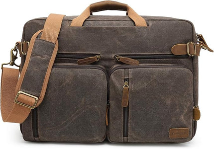 CoolBELL Laptop Messenger Bag Vintage Shoulder Bag Convertible Backpack Retro Briefcase Versatile Travel Bag Fits 17.3 Inch Laptop For Men Business (Waxed Canvas Brown)