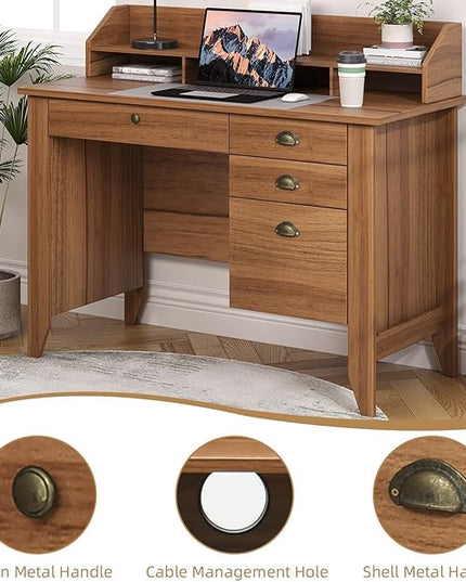 4 EVER WINNER Wooden Desk with Drawers, Small Desk with Monitor Stand and File Drawe, Writing Desk with Drawers for Bedroom Small Spaces, Walnut