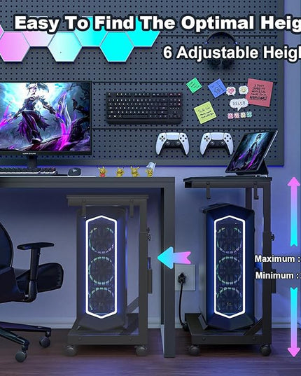 Height Adjustable Computer Tower Stand with Charge Station and USB Charging Port, 2-Tier ATX-Case Cart, Under Desk Mobile PC Stand, CPU Holder Cart with Locking Caster Wheels for Fits Most PC