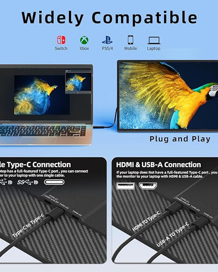 Helpnight 16" Portable Monitor for Laptop, 1200P FHD Laptop Screen Extender, Travel External Display USB-C HDMI Port Detachable Kickstand Gaming Monitor Compatible with Wins Mac Chrome Dex Phone