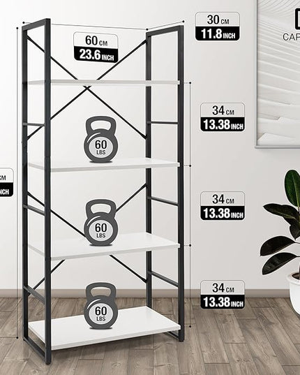 CAPHAUS 4 Tier Bookshelf, 24 Inch Width Free Standing Shelf, Bookcase Shelf Storage Organizer, Industrial Book Shelves for Home Office, Living Room, Kitchen, White Shelves & Metal Frame