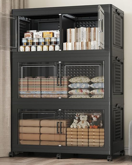 120Gal Stackable Storage Bins with Lid, 480Qt Extra Large Collapsible Storage Box with Wheels, Dividers, Folding Plastic Cabinet Closet Organizers for Home Kitchen Office Dorm, 3Pack Black