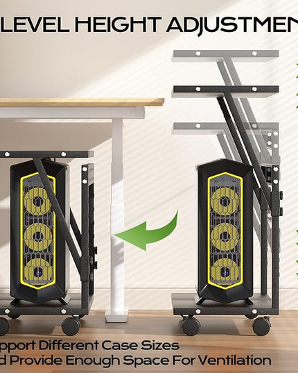 24In Large PC Stand, 5 Levels Height Adjustable Computer Tower Stand with Wheels and Hooks, CPU Holder Cart for Floor, Carpet and Under Desk, Easy Assembly（NOT Including Power Strips）