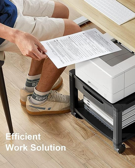 HUANUO Printer Stand with Cable Management and Storage Drawer, Printer Table with Locking Wheels, 14.1-inch Maximum Height Printer Cart for Under Desk, Home, Office, HNDPS
