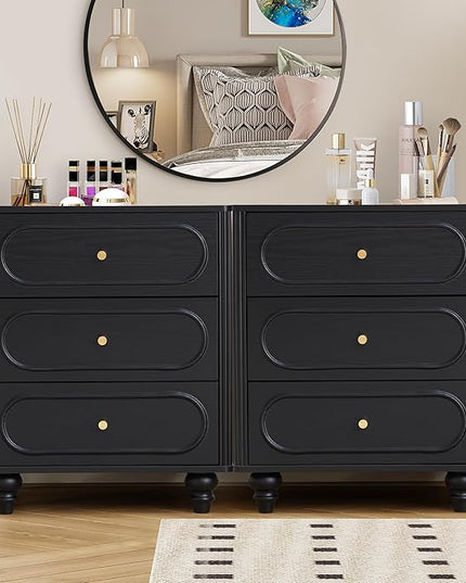 ORRD 3 Drawer Fluted Dresser for Bedroom Set of 2, Mid Century Modern Chest of Drawers, Wood Storage Small Dresser Organizer for Bedroom Living Room Hallway Closet, Black