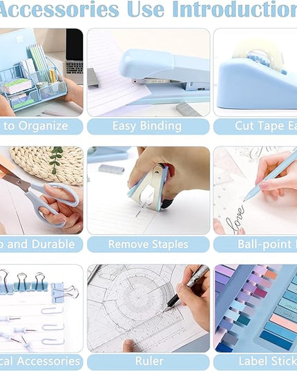 Blue Office Desk Accessories Supplies, 10pcs Desk Organizers and Accessories with Tape Dispenser and Stapler,Staples,Scissor,Ruler,Sticky Tabs,Tape,Ballpoint Pen,Clips Set