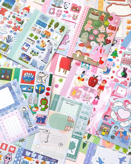 Japanese Manga Sticker Book 2-Pack,60 Sheets with Glitter, Matte and Writable Note Stickers for Journaling, Ins Style Scrapbook Supplies, 5.8 x 4.1 Inch Kawaii Sticker Set