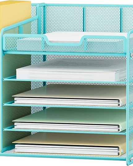 Lavatino 5-Tier Metal Mesh Desk Organizer with File Holder & 7 Customizable Compartments | Paper Letter Tray for Office or Home Desk Storage | Keep Workspace Supplies Neat & Organized, Blue